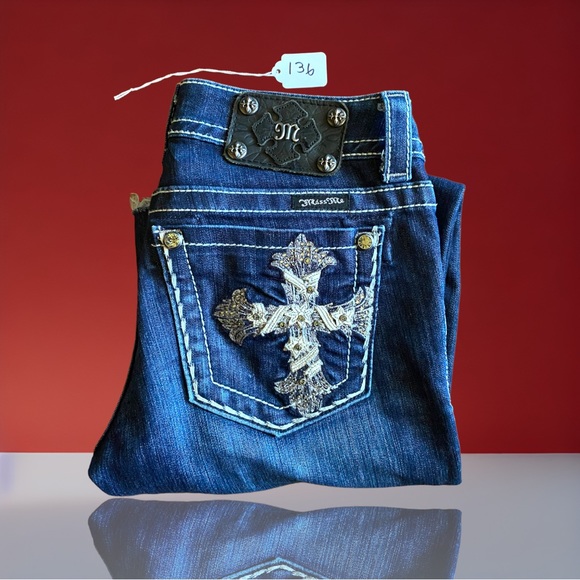 Miss Me Low Rise Bootcut jeans Sz. 27 NWOT Dark wash Embellished Cross pockets - Picture 6 of 11